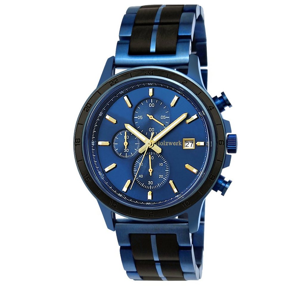 Holzwerk Chronograph BLAUSTEIN Herren Holz Armband Uhr, blau, schwarz, gold von Holzwerk