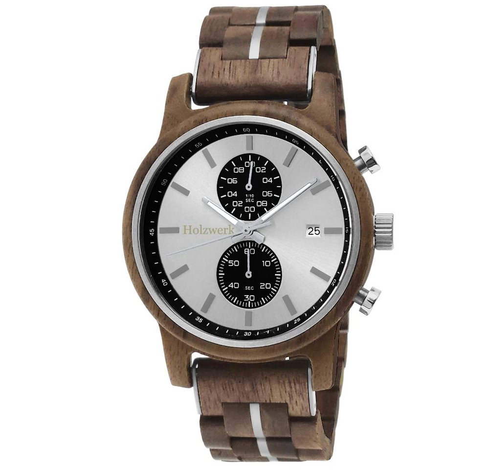 Holzwerk Chronograph GRONAU Herren Holz Armband Uhr mit Datum, braun, silber & schwarz von Holzwerk