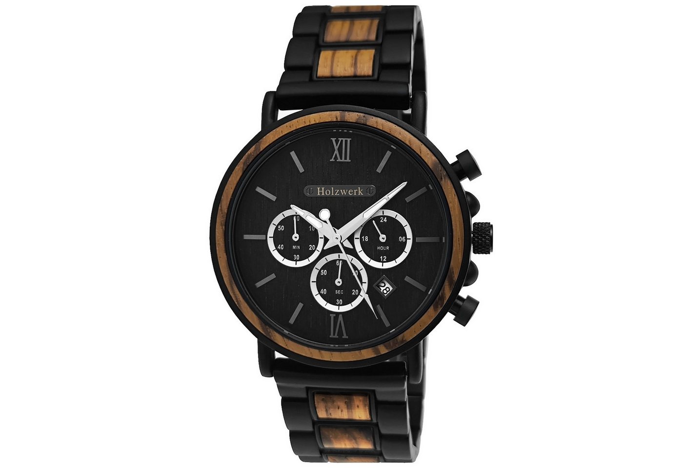 Holzwerk Chronograph Herren Designer Edelstahl & Holz Armband Uhr mit Datum, (inklusive Armbandkürzer), Holz Unikate, ideal auch als Geschenk, Quarzuhrwerk von Holzwerk