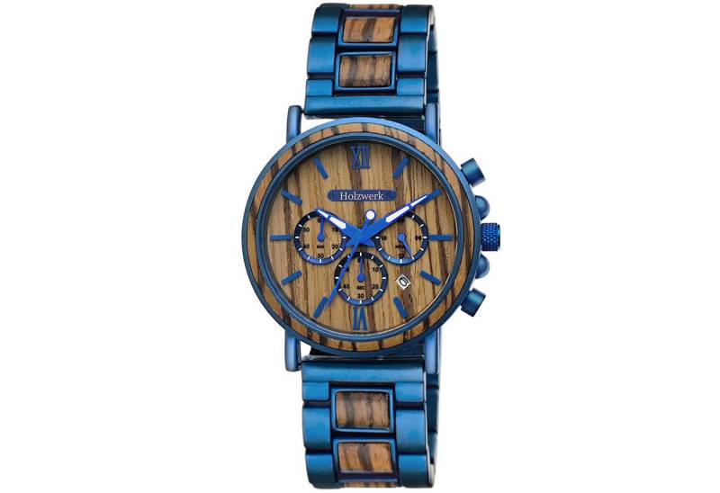 Holzwerk Chronograph Herren Designer Edelstahl & Holz Armband Uhr mit Datum, (inklusive Armbandkürzer), Holz Unikate, ideal auch als Geschenk, Quarzuhrwerk von Holzwerk
