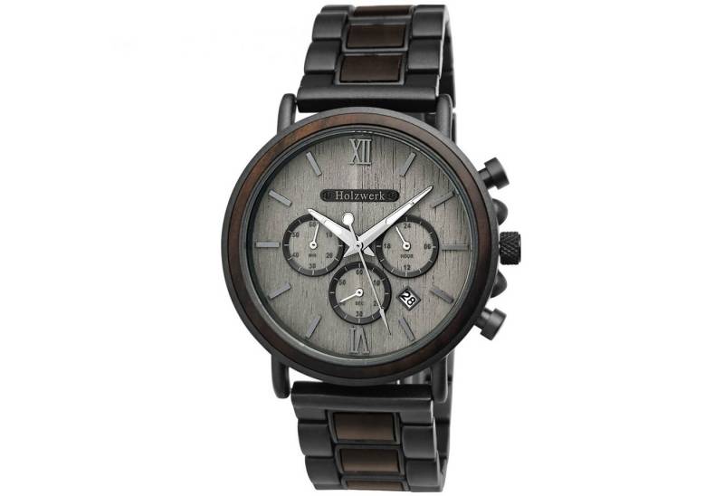 Holzwerk Chronograph Herren Designer Edelstahl & Holz Armband Uhr mit Datum, (inklusive Armbandkürzer), Holz Unikate, ideal auch als Geschenk, Quarzuhrwerk von Holzwerk
