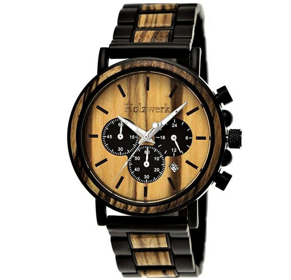Holzwerk Chronograph Herren Designer Edelstahl & Holz Armband Uhr mit Datum, (inklusive Armbandkürzer), Holz Unikate, ideal auch als Geschenk, Quarzuhrwerk von Holzwerk