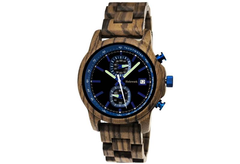 Holzwerk Chronograph Herren Designer Holz Armband Uhr, Tachymeter mit Datum, (inklusive Armbandkürzer), Holz Unikate, ideal auch als Geschenk, Quarzwerk von Holzwerk