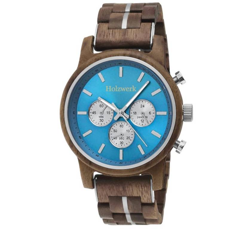 Holzwerk Chronograph Herren Designer Holz Armband Uhr, Zifferblatt Hellblau, (inklusive Armbandkürzer), Holz Unikate, ideal auch als Geschenk, Hochwertiges Quarzwerk von Holzwerk