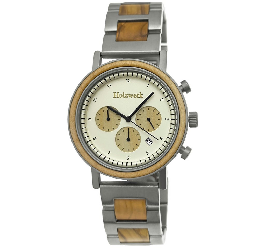 Holzwerk Chronograph VIERSEN Herren Edelstahl & Holz Armband Uhr, silber, beige von Holzwerk