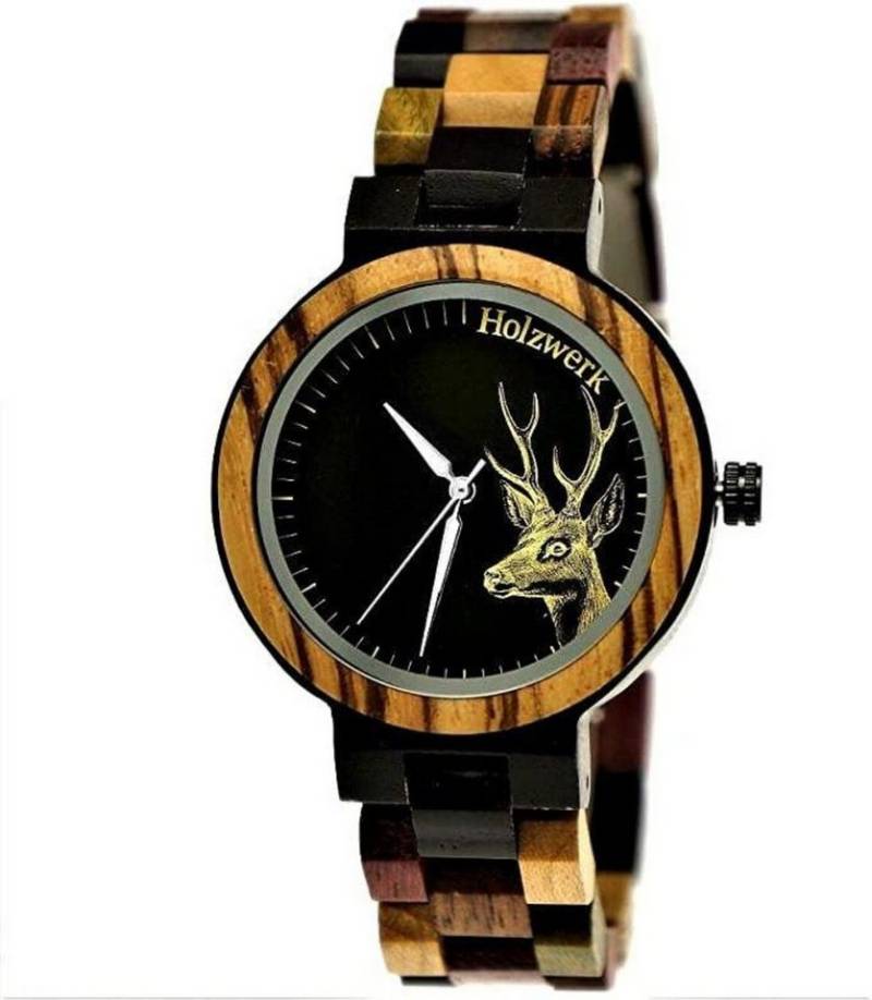 Holzwerk Quarzuhr BERGISCH kleine Damen Holz Armband Uhr, Hirsch Motiv, schwarz, braun von Holzwerk
