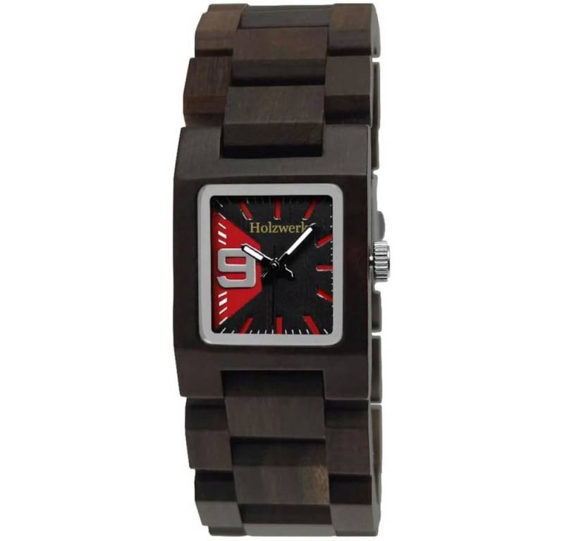 Holzwerk Quarzuhr ELDINGEN Damen Holz Uhr, Eckiges Design, braun, schwarz & rot von Holzwerk