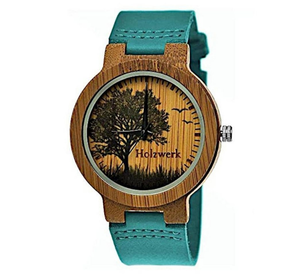 Holzwerk Quarzuhr ETTINGEN Damen & Herren Holz Armband Uhr, Baum Motiv, braun, blau von Holzwerk