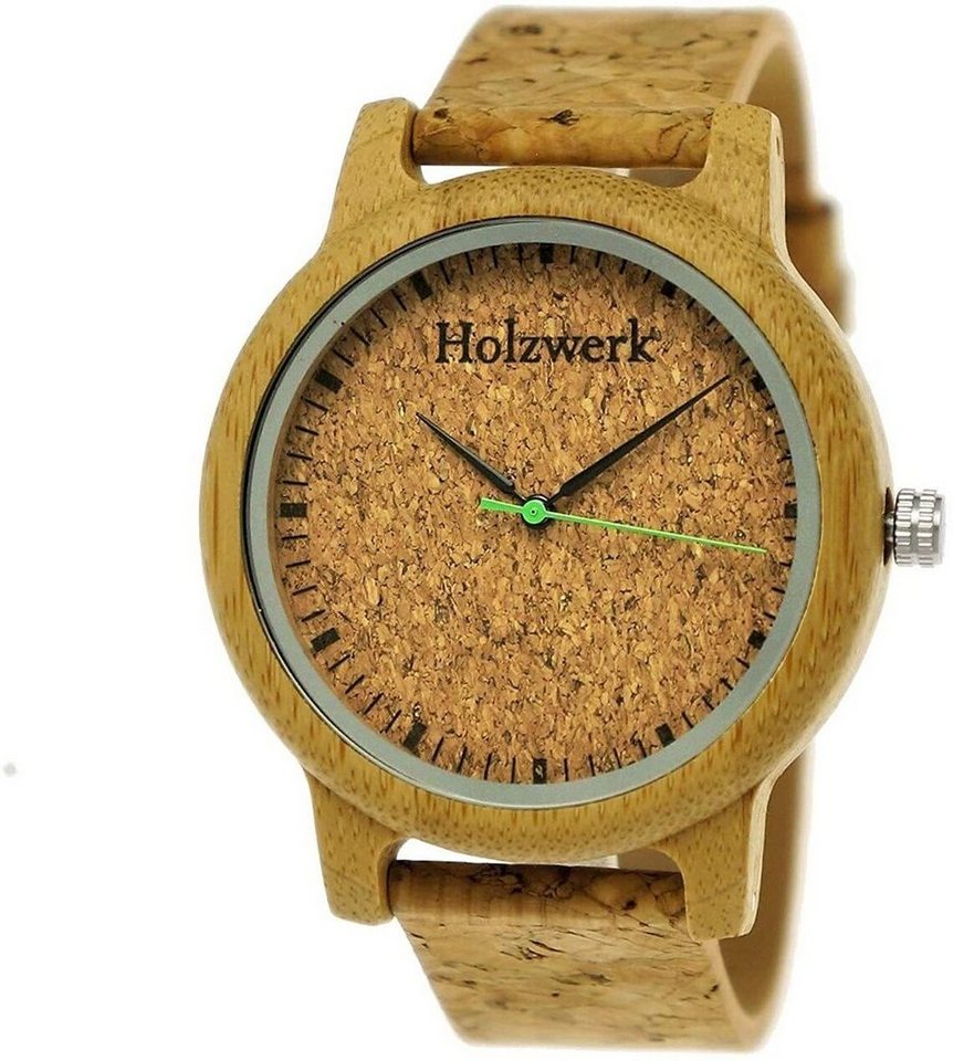 Holzwerk Quarzuhr EUTIN Damen und Herren Holz Uhr mit Kork & Leder Armband in beige von Holzwerk