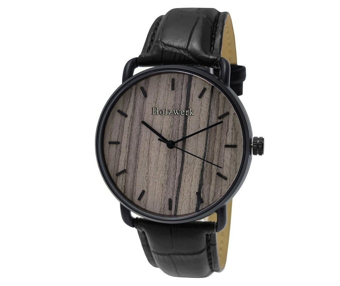 Holzwerk Quarzuhr FREISING Damen und Herren Leder & Edelstahl Holz Uhr in schwarz, grau von Holzwerk