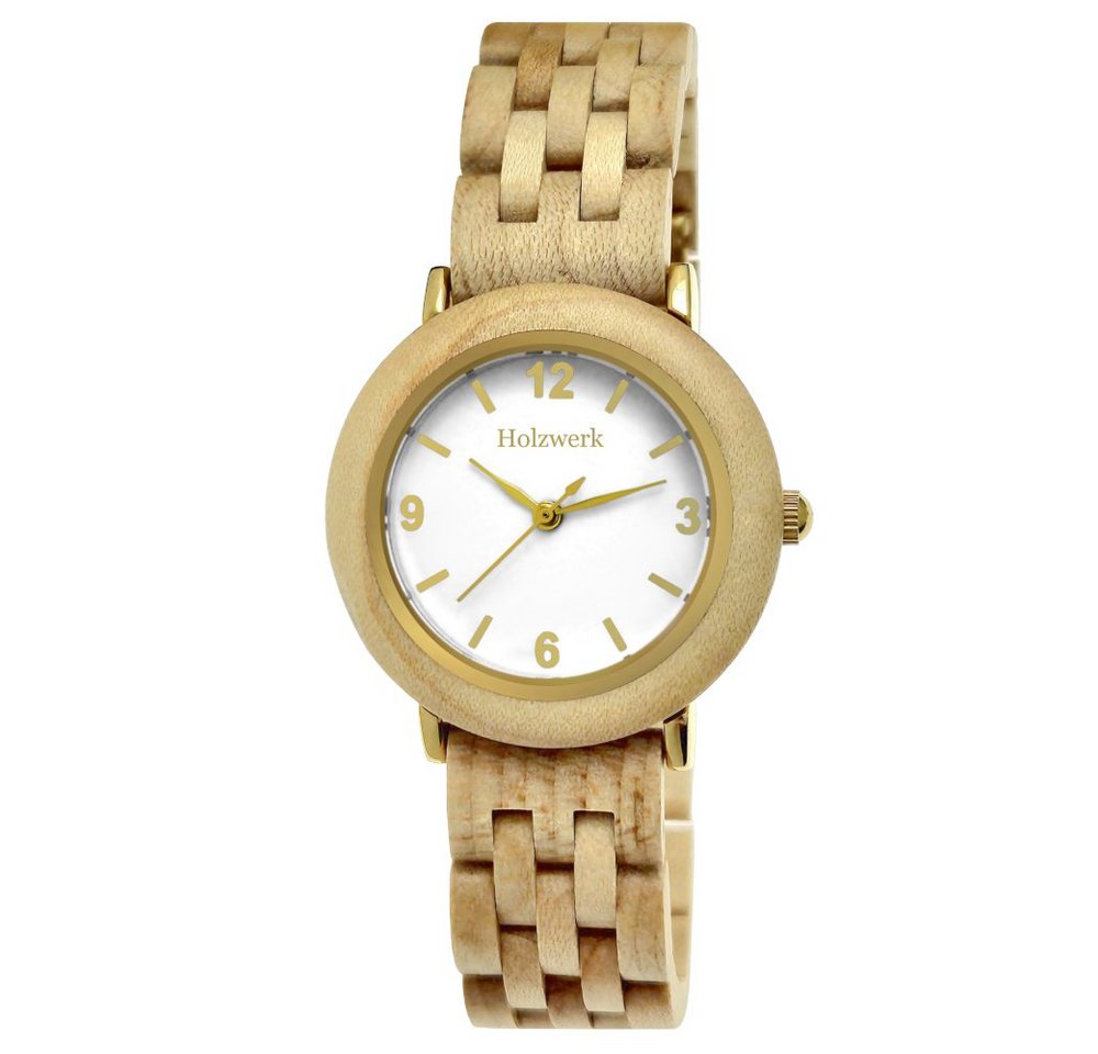 Holzwerk Quarzuhr FREITAL kleine Damen Edelstahl & Holz Armband Uhr, beige, weiß & gold von Holzwerk