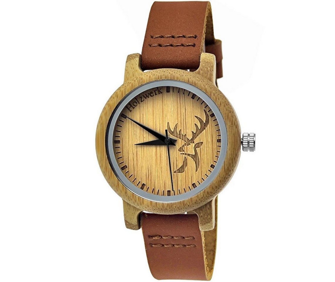 Holzwerk Quarzuhr GERA kleine Damen Leder & Holz Armband Uhr, Hirsch Logo, braun, beige von Holzwerk