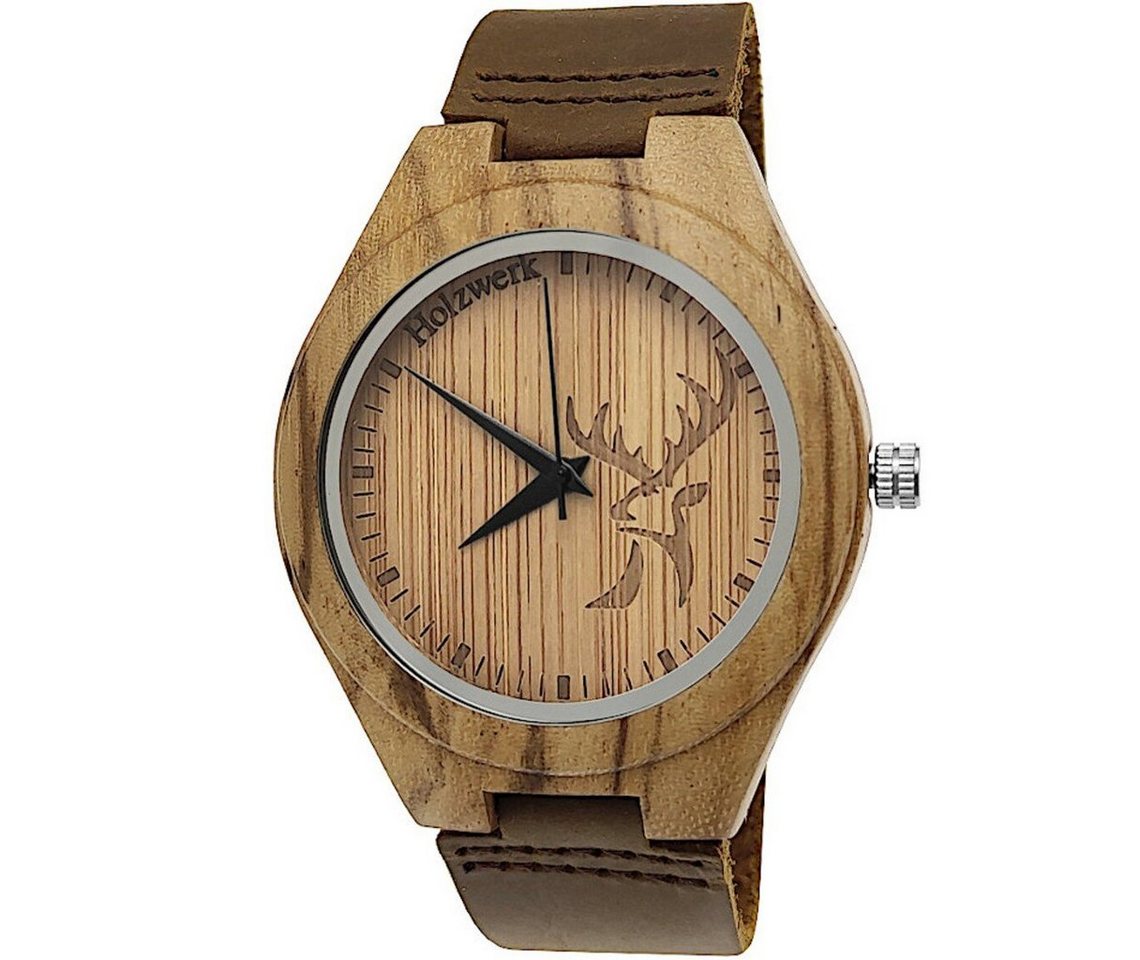 Holzwerk Quarzuhr HIRSCHBERG Damen & Herren Leder & Holz Uhr mit Hirsch Logo, braun von Holzwerk