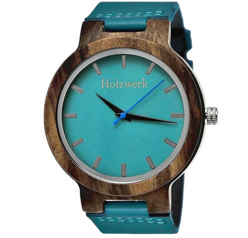 Holzwerk Quarzuhr KAHLA große Damen Leder & Holz Armband Uhr, türkis blau, braun KAHLA von Holzwerk