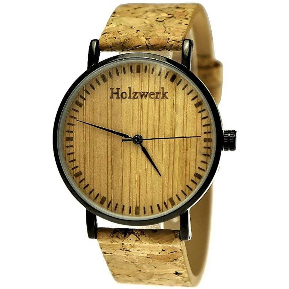 Holzwerk Quarzuhr KLAARST Damen und Herren Holz Uhr mit Kork & Leder Armband, beige von Holzwerk