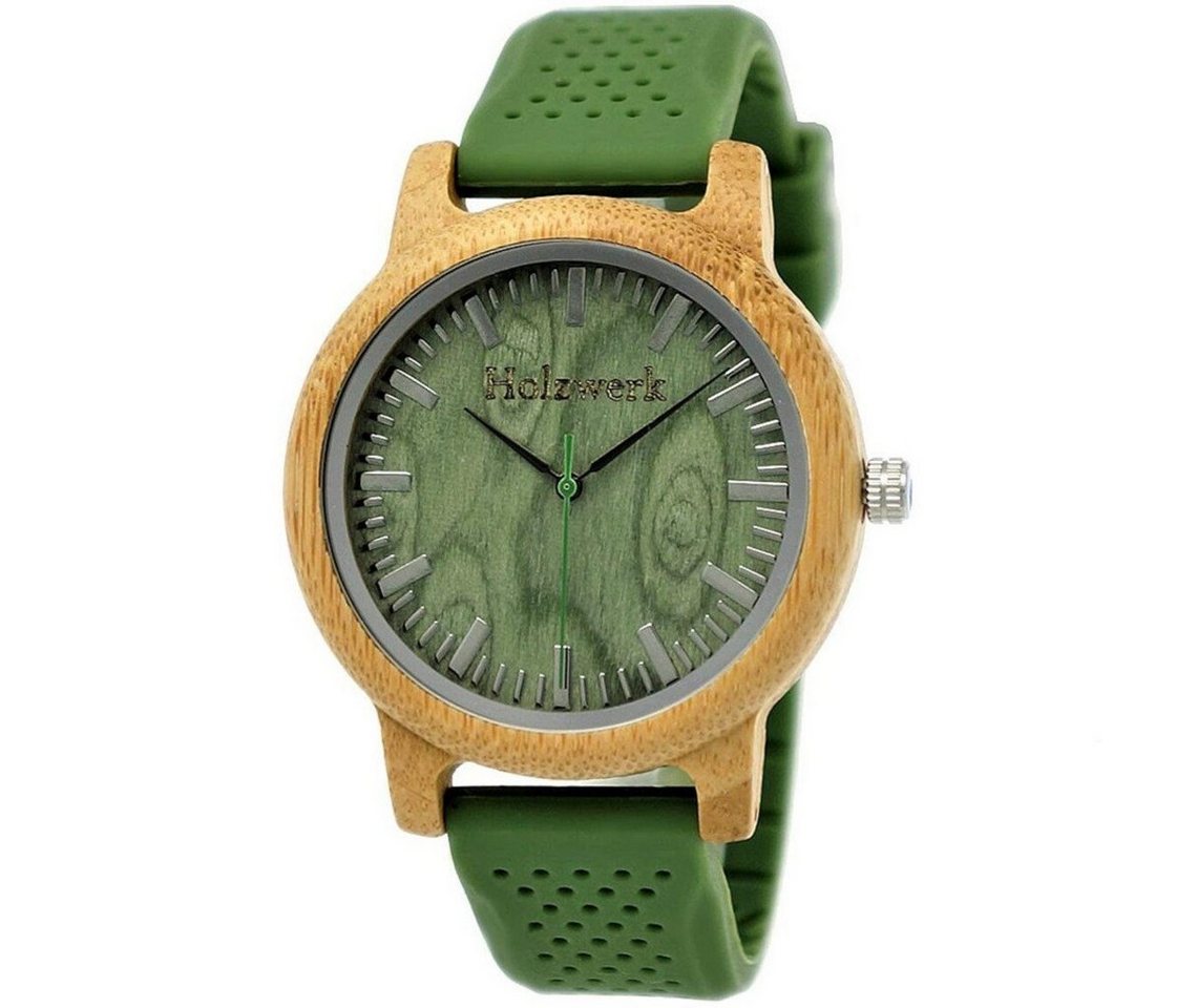 Holzwerk Quarzuhr LANDAU Damen & Herren Holz Uhr mit Silikon Armband in grün & beige von Holzwerk