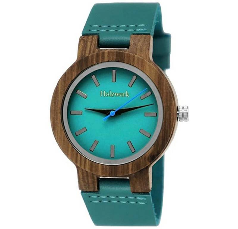 Holzwerk Quarzuhr LIL KAHLA kleine Damen Leder & Holz Armband Uhr in türkis blau & braun von Holzwerk