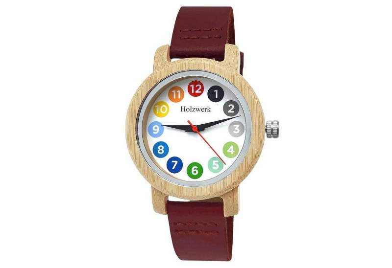 Holzwerk Quarzuhr LIL RAINBOW BROWN bunte kleine Kinder Leder & Holz Armband Uhr, rot von Holzwerk
