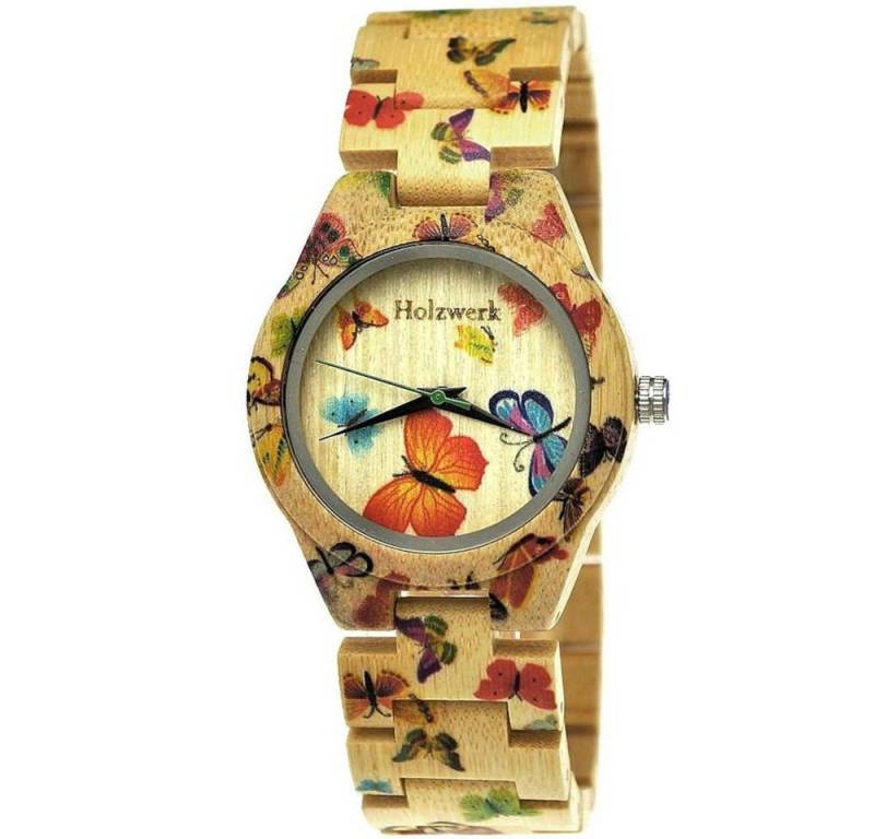 Holzwerk Quarzuhr MARIPOSA Damen Holz Armband Uhr, Schmetterling Muster, beige & bunt von Holzwerk