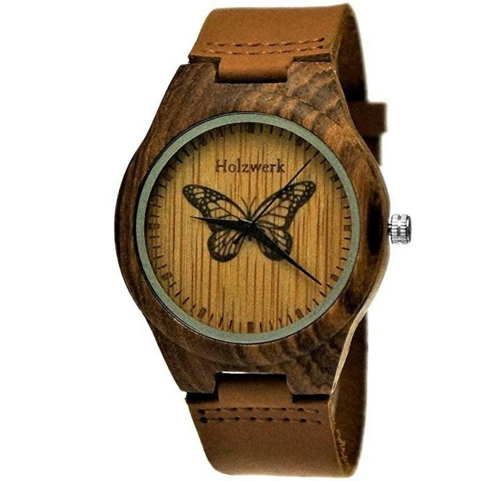 Holzwerk Quarzuhr MONARCH Damen Leder & Holz Armband Uhr, Schmetterling Muster, braun von Holzwerk