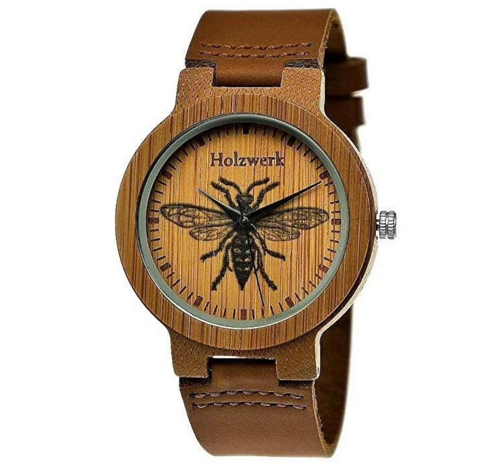 Holzwerk Quarzuhr MY BEE Damen & Herren Holz Uhr mit Leder Armband & Biene Muster, braun von Holzwerk