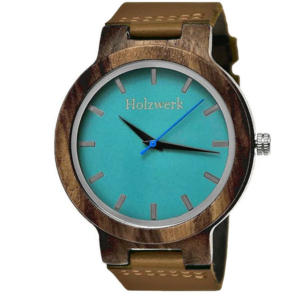 Holzwerk Quarzuhr NAILA Damen & Herren Leder & Holz Armband Uhr, braun, türkis blau von Holzwerk