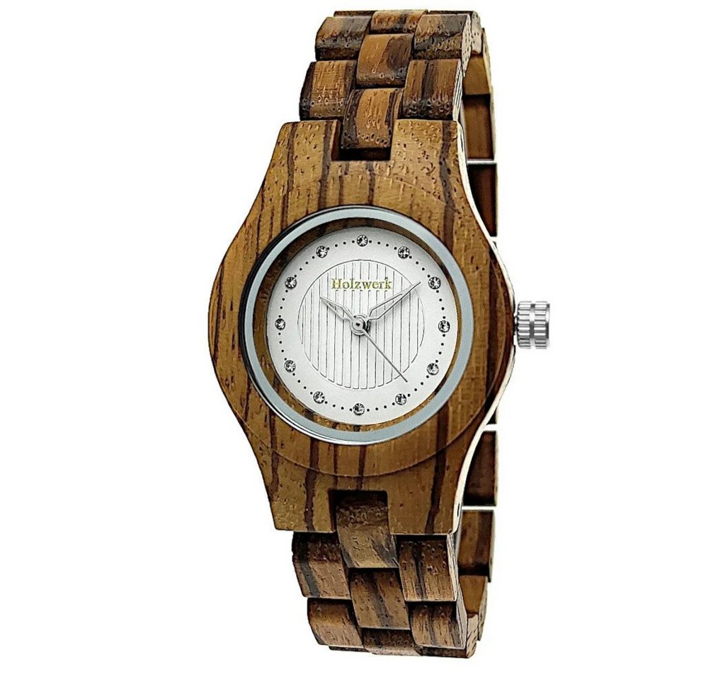 Holzwerk Quarzuhr PARCHIM kleine Strass Damen Holz Armband Uhr, Walnuss braun & weiß von Holzwerk