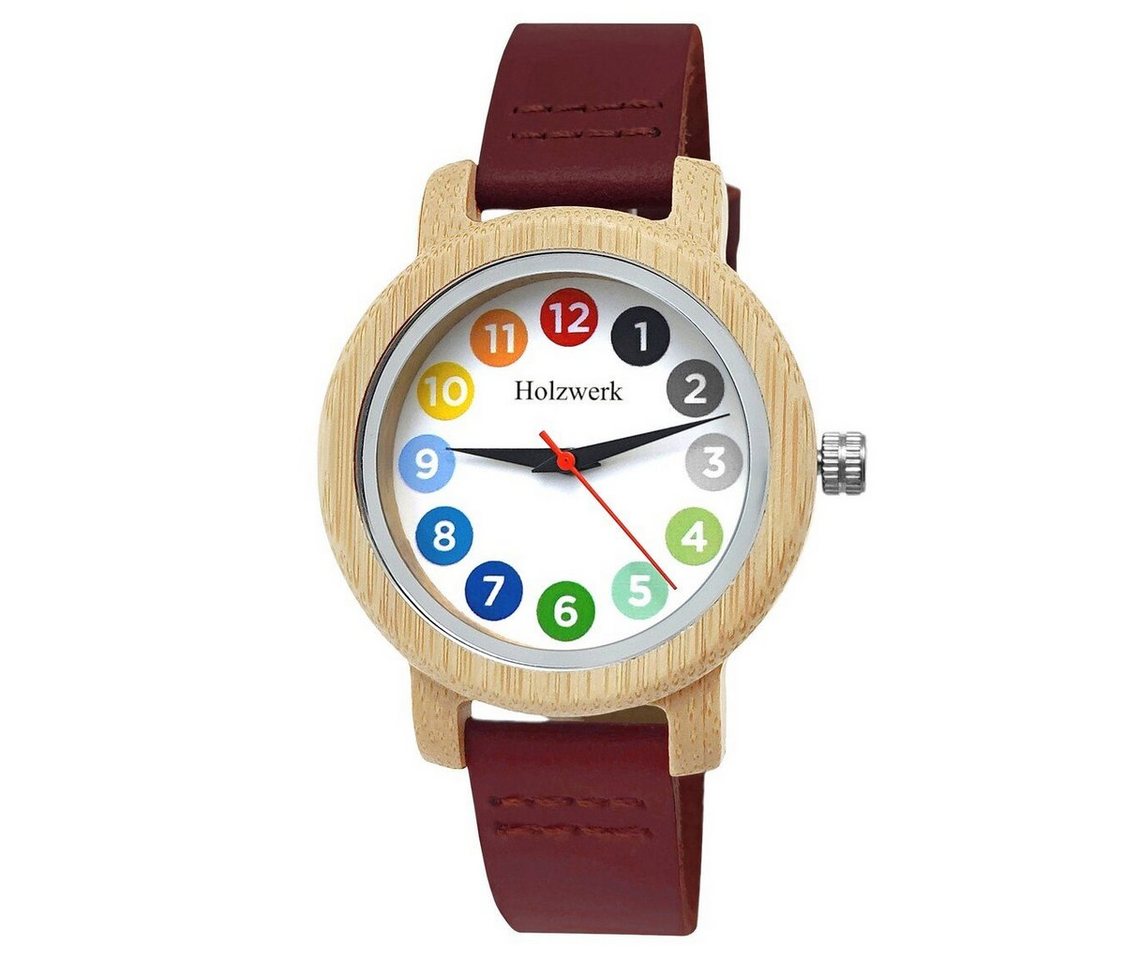 Holzwerk Quarzuhr RAINBOW RED bunte kleine Damen Leder & Holz Armband Uhr, rot von Holzwerk