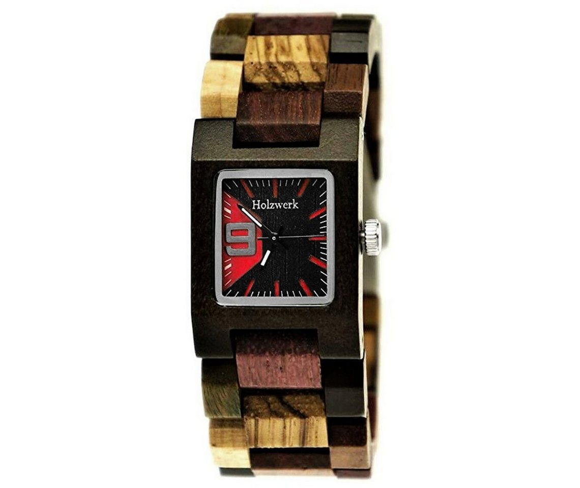 Holzwerk Quarzuhr SEESEN Damen Holz Armband Uhr, Design Eckig, braun, schwarz & rot von Holzwerk
