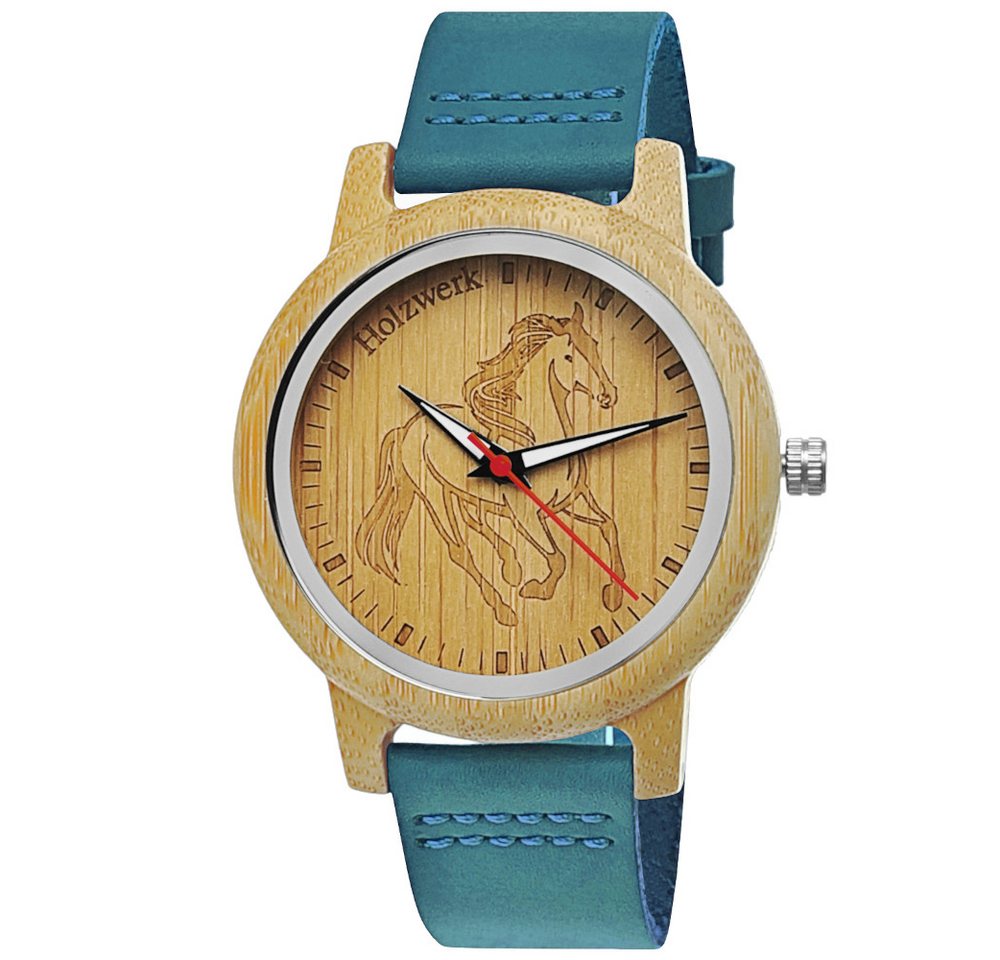 Holzwerk Quarzuhr TORI BLUE Damen Leder & Holz Uhr mit Pferd Motiv, türkis blau, beige von Holzwerk