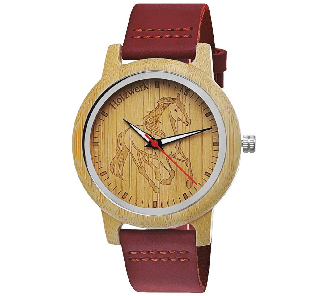 Holzwerk Quarzuhr TORI RED Damen Leder & Holz Uhr mit Pferd Motiv in rot, beige von Holzwerk