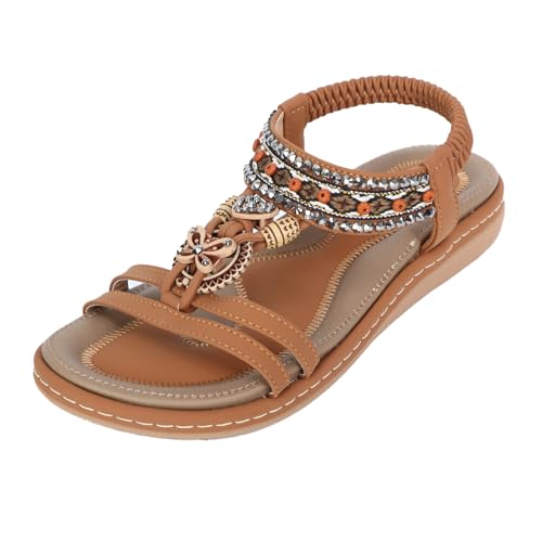 HomKuch Damen Sandalen Sommer Flache Schuhe Bohemia Beaded Strand rutschfeste offene Zehe Freizeit Sandalen mit elastischem Knöchelriemen von HomKuch