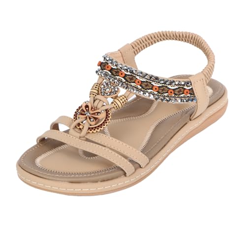 HomKuch Damen Sandalen Sommer Flache Schuhe Bohemia Beaded Strand rutschfeste offene Zehe Freizeit Sandalen mit elastischem Knöchelriemen von HomKuch