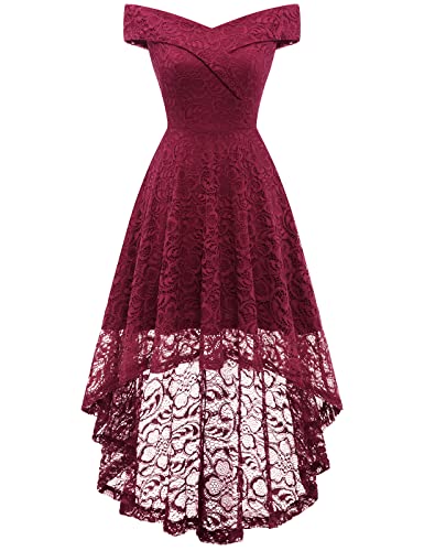 Homrain Damen Elegant Spitzenkleid Schulterfrei Rockabilly Kleid Schwingen Cocktail Abendkleider High Low Brautjungfernkleider für Hochzeit Dark Red XS von Homrain