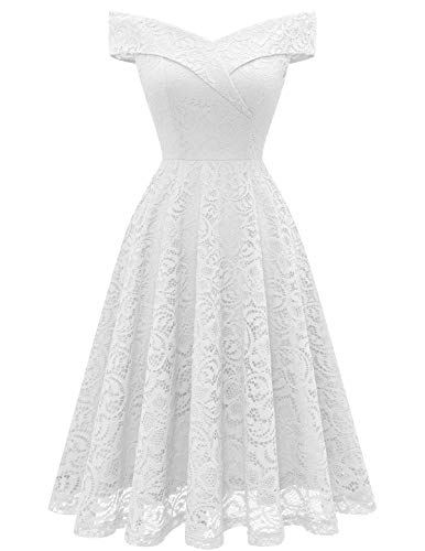 Homrain Damen Elegant Spitzenkleid Brautjungfernkleider Festlich Party Knielang Cocktailkleid Schulterfrei Rockabilly Retro Kleid Abendkleider -1White S von Homrain