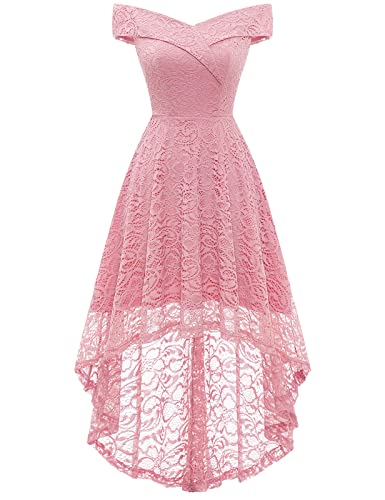 Homrain Damen Kleider Elegant Spitzenkleid Cocktailkleid Knielang Rockabilly Kleid Festlich Brautjungfernkleider Swing A-Line Retro Abendkleid Pink M von Homrain