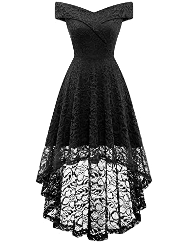 Homrain Damen Brautjungfernkleider Schulterfrei Spitzenkleid Rockabilly Cocktailkleid Schwingen Swing Rockability A-Linie High Low Ballkleid Black 3XL von Homrain