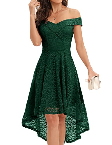 Homrain Damen Abendkleider Elegant Hochzeit Spitzenkleid Schulterfrei Rockabilly A-Linie Kleid Cocktail High Low Brautjungfernkleider Dark Green 2XL von Homrain