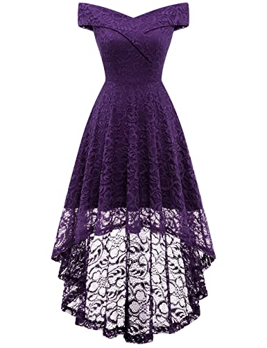 Homrain Damen Kleider Elegant Spitzenkleid Cocktailkleid Knielang Rockabilly Kleid Festlich Brautjungfernkleider Swing A-Line Retro Abendkleid Grape M von Homrain