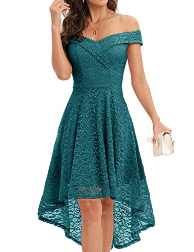 Homrain Damen 50er Jahre Kleider Festliches Spitzenkleid Abendkleider Vintage Retro Ballkleid Swing A-Linie Cocktailkleid Floralspitzen Abendkleid Turquoise XL von Homrain