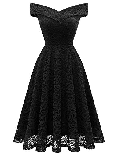 Homrain Damen Abendkleider Elegant Hochzeit Spitzenkleid Schulterfrei Rockabilly A-Linie Kleid Cocktail High Low Brautjungfernkleider -1Black 2XL von Homrain