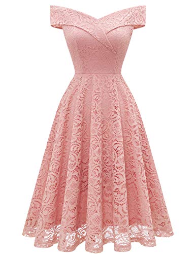 Homrain Damen 50er Jahre Kleider Festliches Spitzenkleid Abendkleider Vintage Retro Ballkleid Swing A-Linie Cocktailkleid Floralspitzen Abendkleid -1Blush XL von Homrain