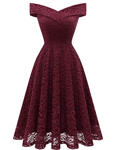 Homrain Damen Elegant Abendkleider Festlich Cocktailkleid Schulterfrei Brautjungfernkleider Spitzen Knielange Rockabilly High Low Ballkleid -1Burgundy L von Homrain