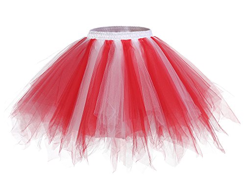 Homrain Damen Karneval Kostüm Tüllrock 50er Rockabilly Petticoat Tutu Unterrock Kurz Ballet Firt Tulle Tanzkleid Ballkleid Abendkleid Gelegenheit Zubehör Red-White XL von Homrain