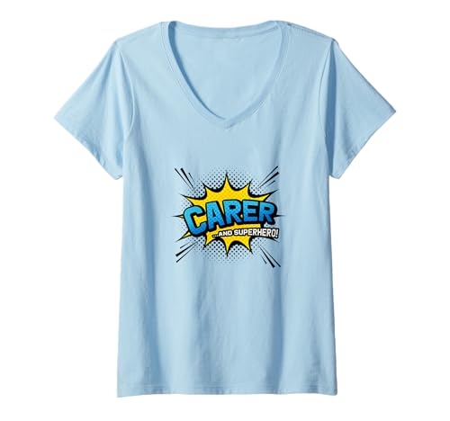 Damen Carer & Superhero - Pflegekraft im Comicbuch-Stil T-Shirt mit V-Ausschnitt Damen Carer & Superhero - Pflegekraft im Comicbuch-Stil T-Shirt mit V-Ausschnitt von Home Health Aide Personal Assistant Giver Gift EBD