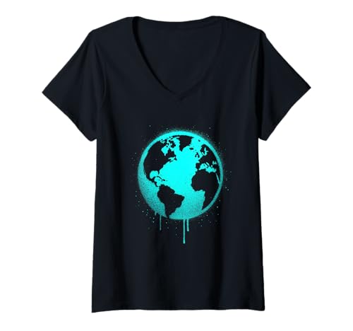 Damen Erde Graffiti Planet Kunstwerk T-Shirt mit V-Ausschnitt Damen Erde Graffiti Planet Kunstwerk T-Shirt mit V-Ausschnitt von Home Street