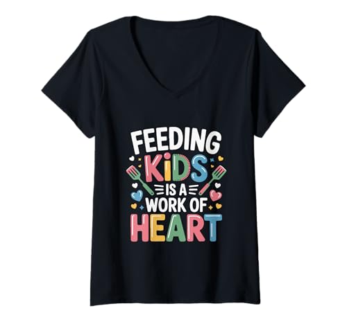 Damen Cafeteria Staff füttert Kinder mit Herz T-Shirt mit V-Ausschnitt Damen Cafeteria Staff füttert Kinder mit Herz T-Shirt mit V-Ausschnitt von Home & School Wear