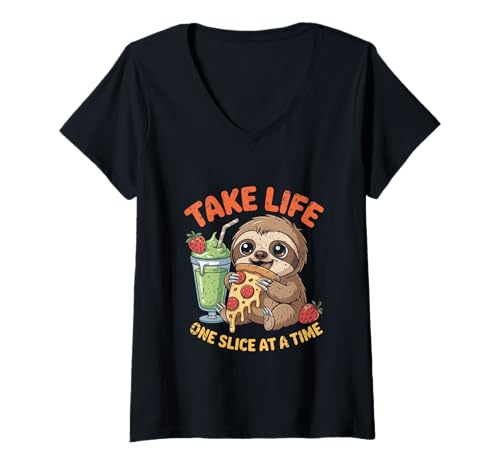 Damen Faultier Pizza Lovers: Take Life One Slice at a Time T-Shirt mit V-Ausschnitt Damen Faultier Pizza Lovers: Take Life One Slice at a Time T-Shirt mit V-Ausschnitt von Home & School Wear
