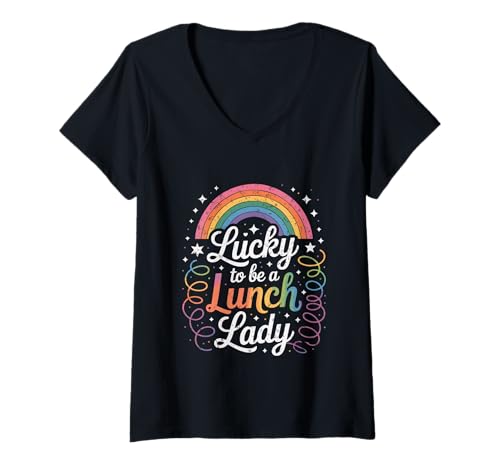 Damen Lucky Lunch Lady Rainbow Cafeteria-Mitarbeiter T-Shirt mit V-Ausschnitt Damen Lucky Lunch Lady Rainbow Cafeteria-Mitarbeiter T-Shirt mit V-Ausschnitt von Home & School Wear