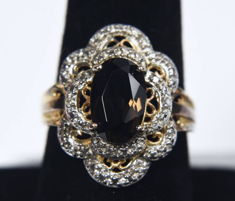 Ross-Simons - Gold Ton Sterling Silber Rauchquarz Und Diamant Cocktailring Größe 8 von HomeAgainVintageCo